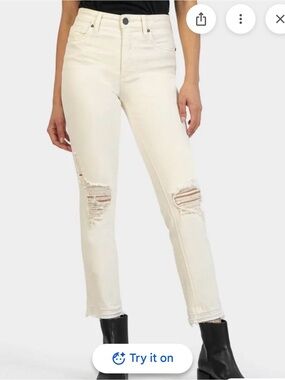 Kut from the Kloth Off-White Straight Leg Distressed Jeans